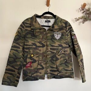 Women’s Camo Military Utility Denim Jacket Patch Zip Front Size M L